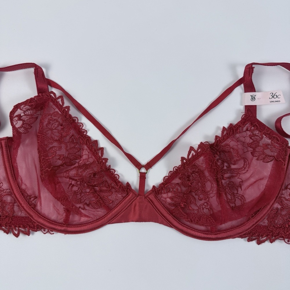 Victoria's Secret Very Sexy Embroidered Mesh Strappy Low-Cut Demi Red Bra 36C
